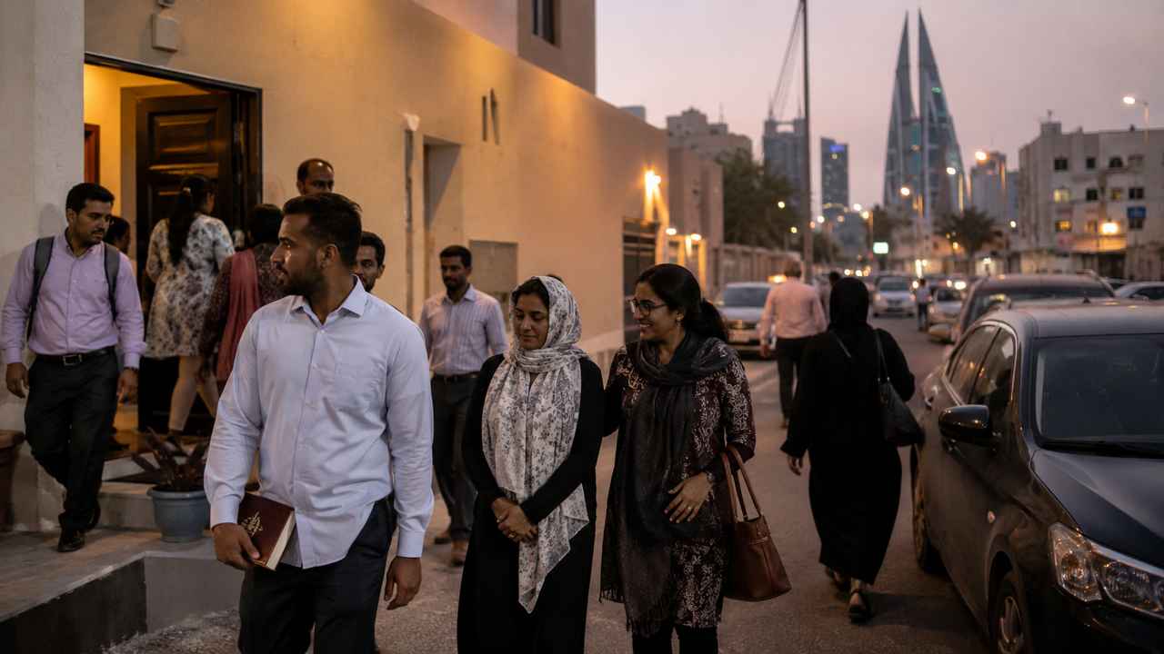 Christians gathered near a modest church entrance in an urban Bahrain setting at evening.
