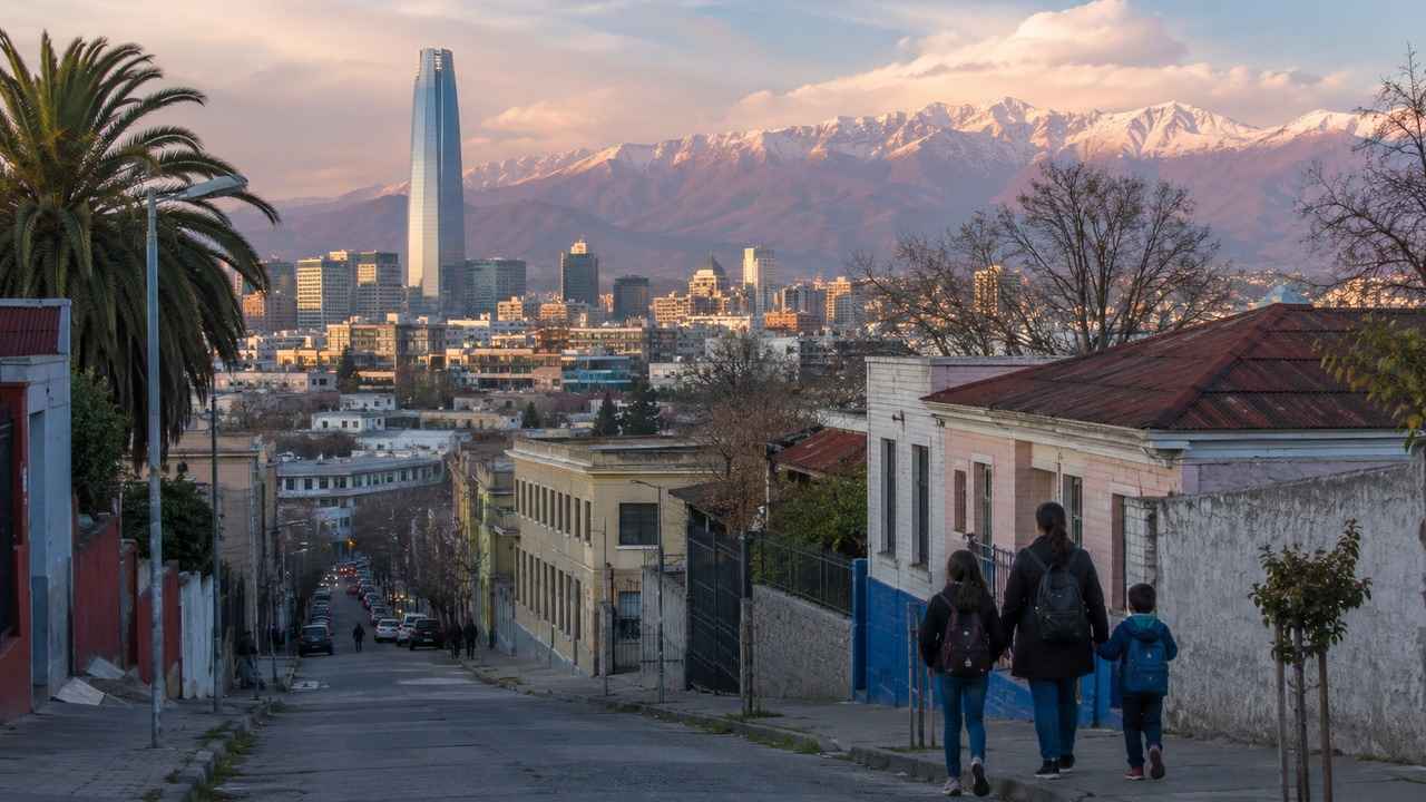 A woman and two children walking along a hillside street in Santiago, Chile, with the city skyline and Andes mountains in the distance.