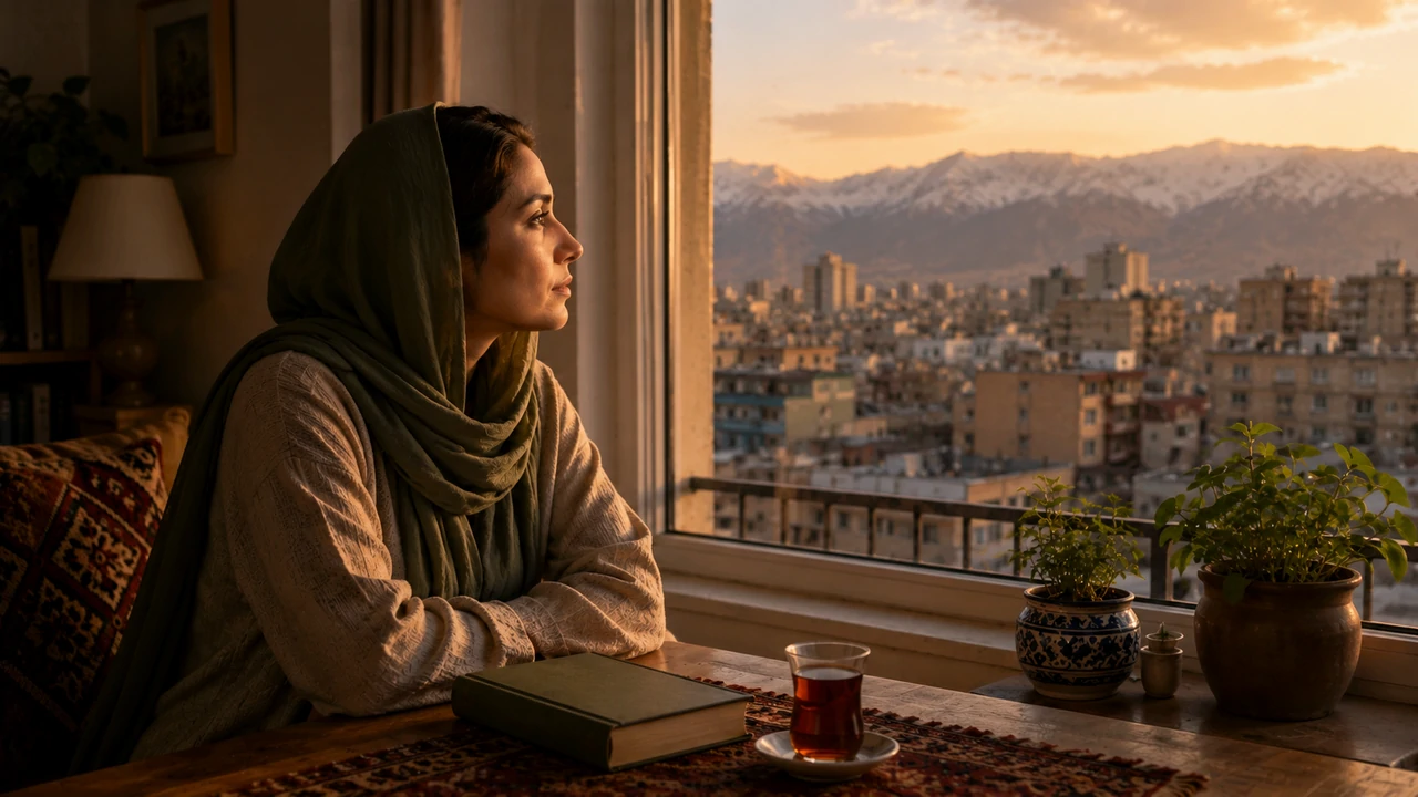 Woman seated beside an apartment window overlooking a city and snow-covered mountains at sunset.