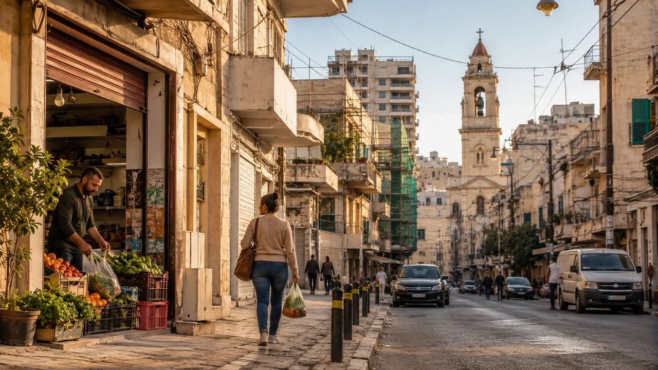 Man carrying groceries on a Lebanese city street beside a produce shop, with repair scaffolding and a church tower in the background.