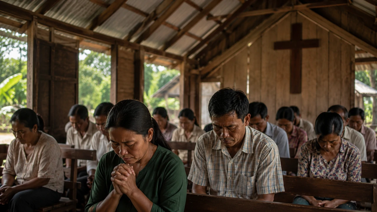 Small Christian congregation praying inside a simple wooden church in rural Myanmar.
