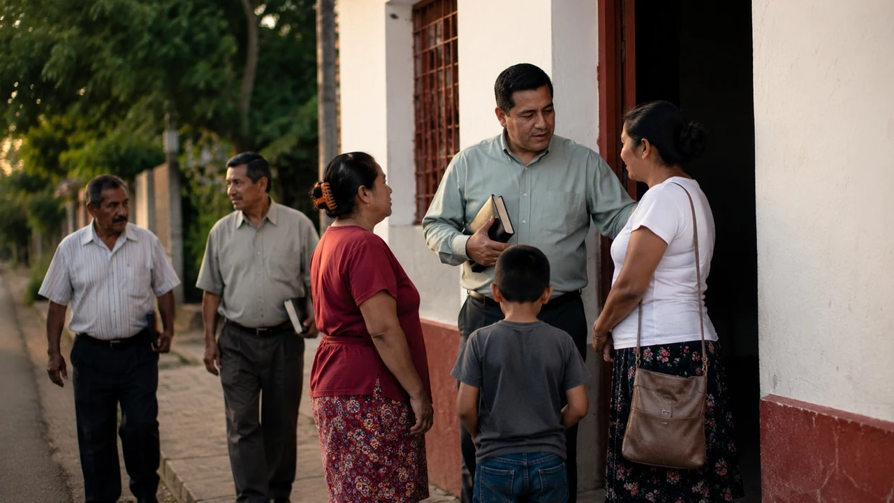 A pastor holding a Bible speaks with adults and a child outside a modest church in a Nicaraguan neighborhood.