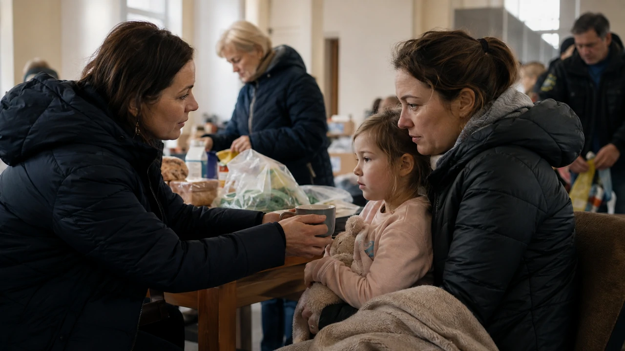 A relief worker offers a warm drink to a mother and child in a community aid setting.