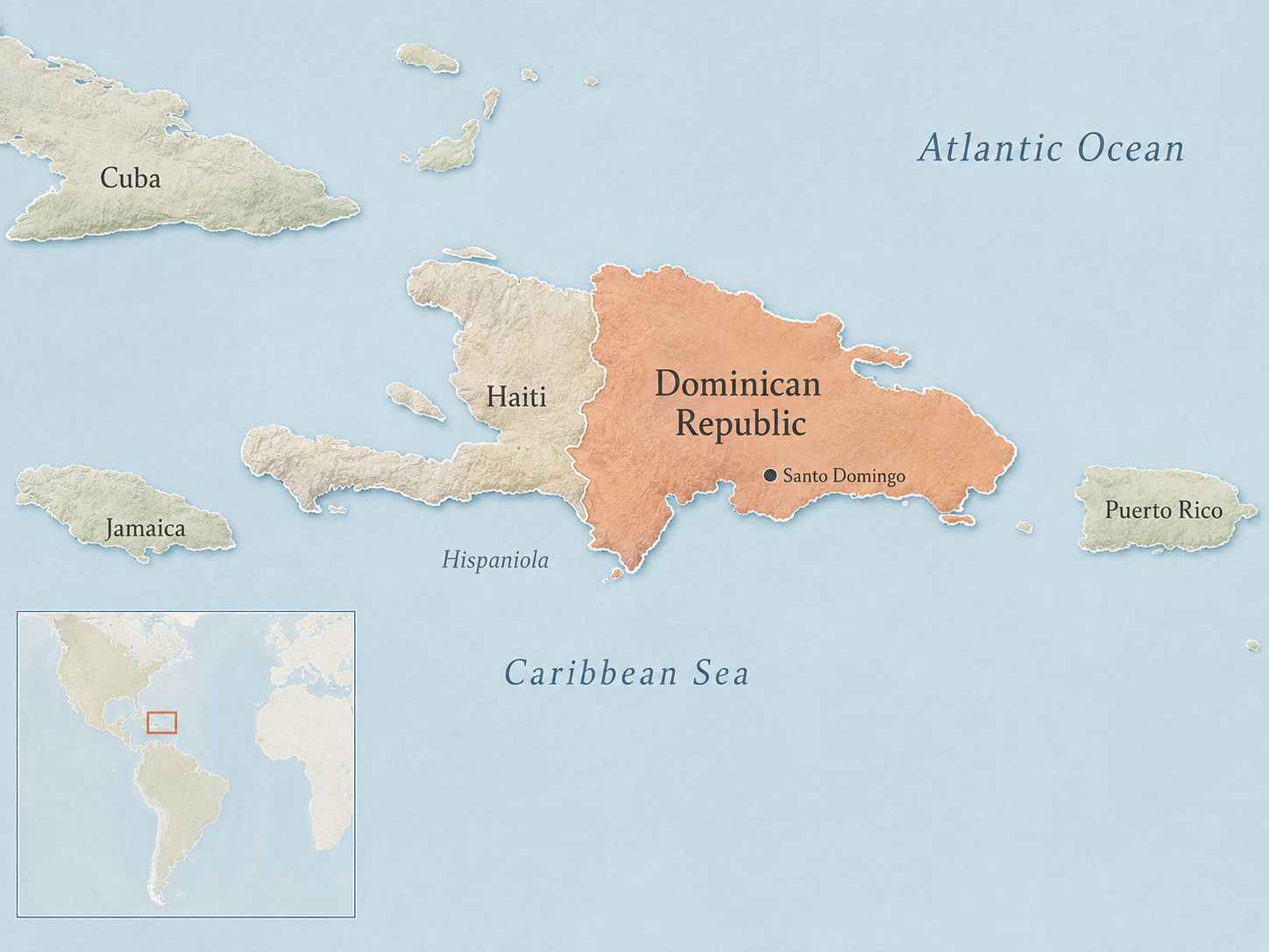 Map showing the Dominican Republic on eastern Hispaniola, Haiti to the west, and the country’s Caribbean regional setting