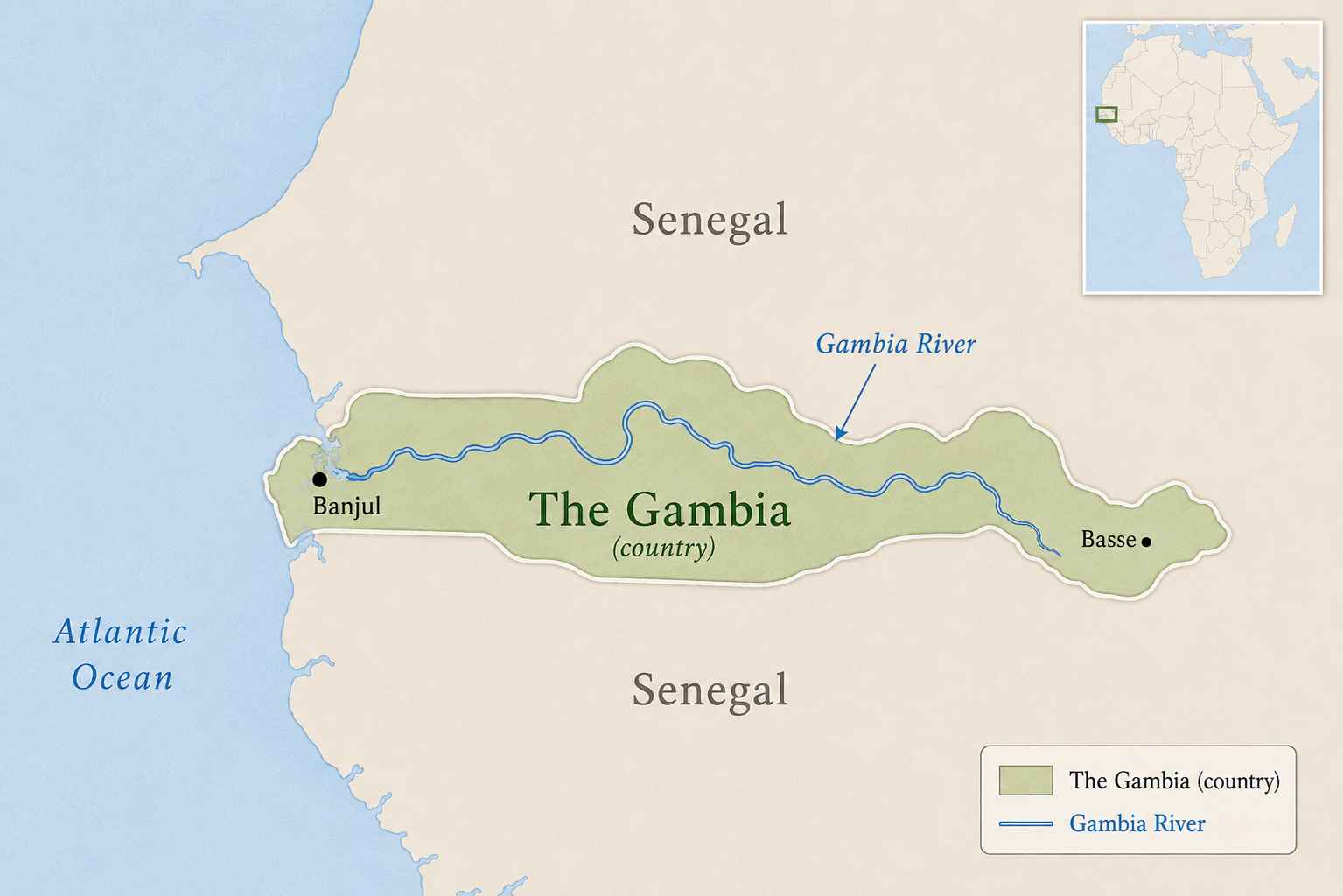 Inline locator map showing The Gambia in West Africa, its narrow shape along the Gambia River, its border with Senegal, and its Atlantic Ocean coastline.