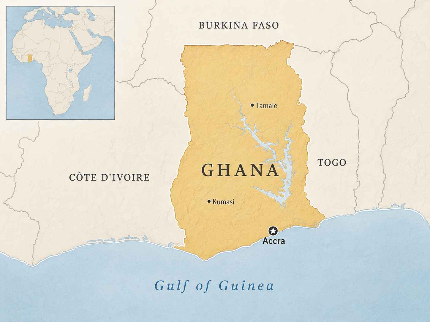 Regional map showing Ghana on the Gulf of Guinea in West Africa, bordered by Côte d’Ivoire, Burkina Faso, and Togo, with Accra marked and a wider-world locator inset.