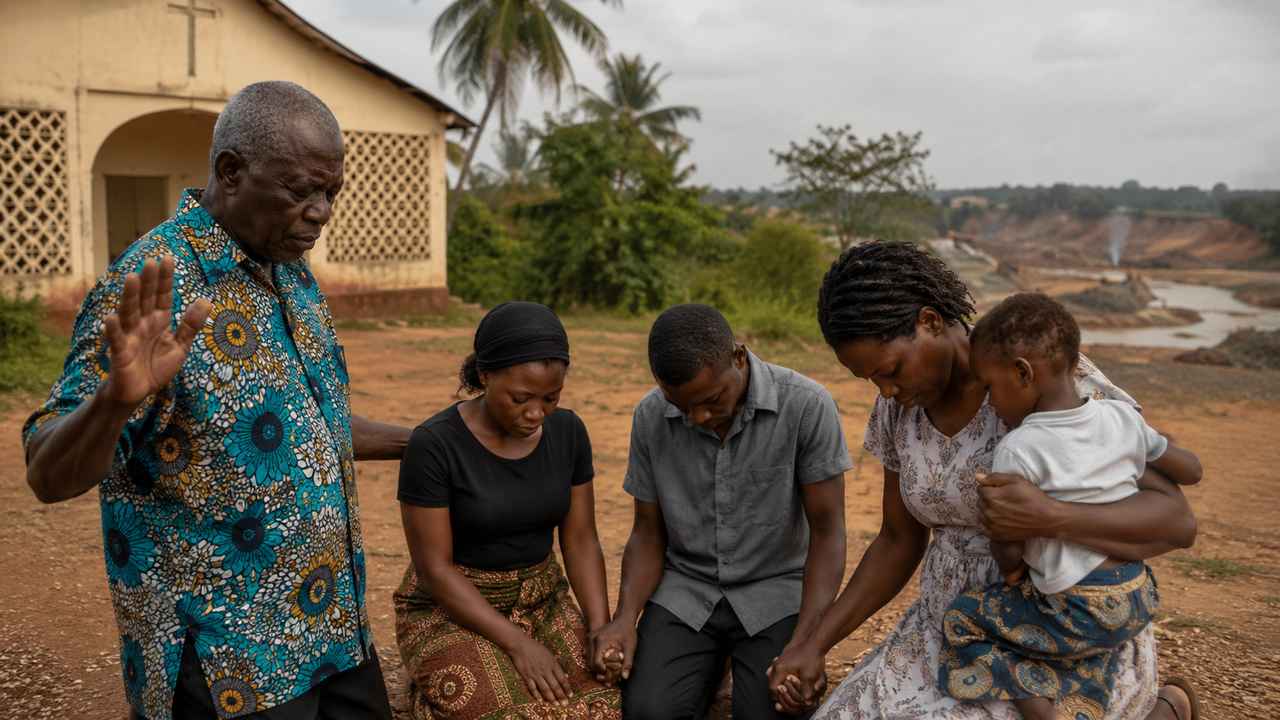 Ghanaian Christians bow in prayer near a local church, with a mining-affected landscape visible in the distance.