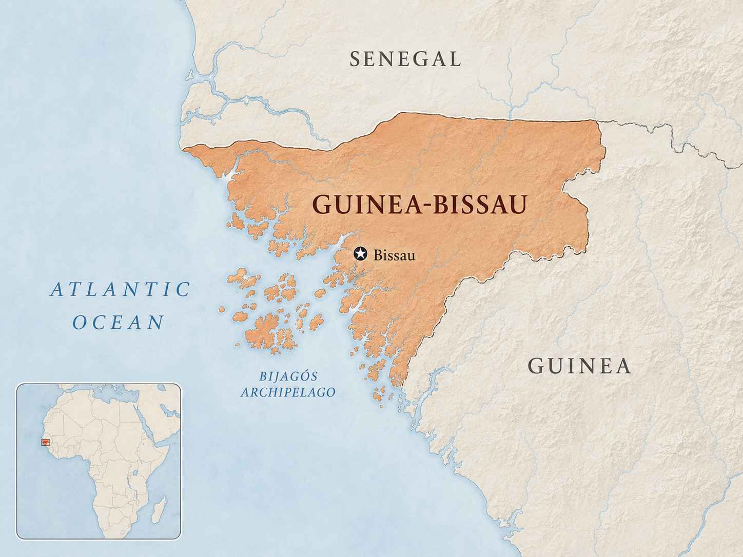 Map showing Guinea-Bissau on the Atlantic coast of West Africa, bordered by Senegal and Guinea, with the Bijagós Archipelago offshore.