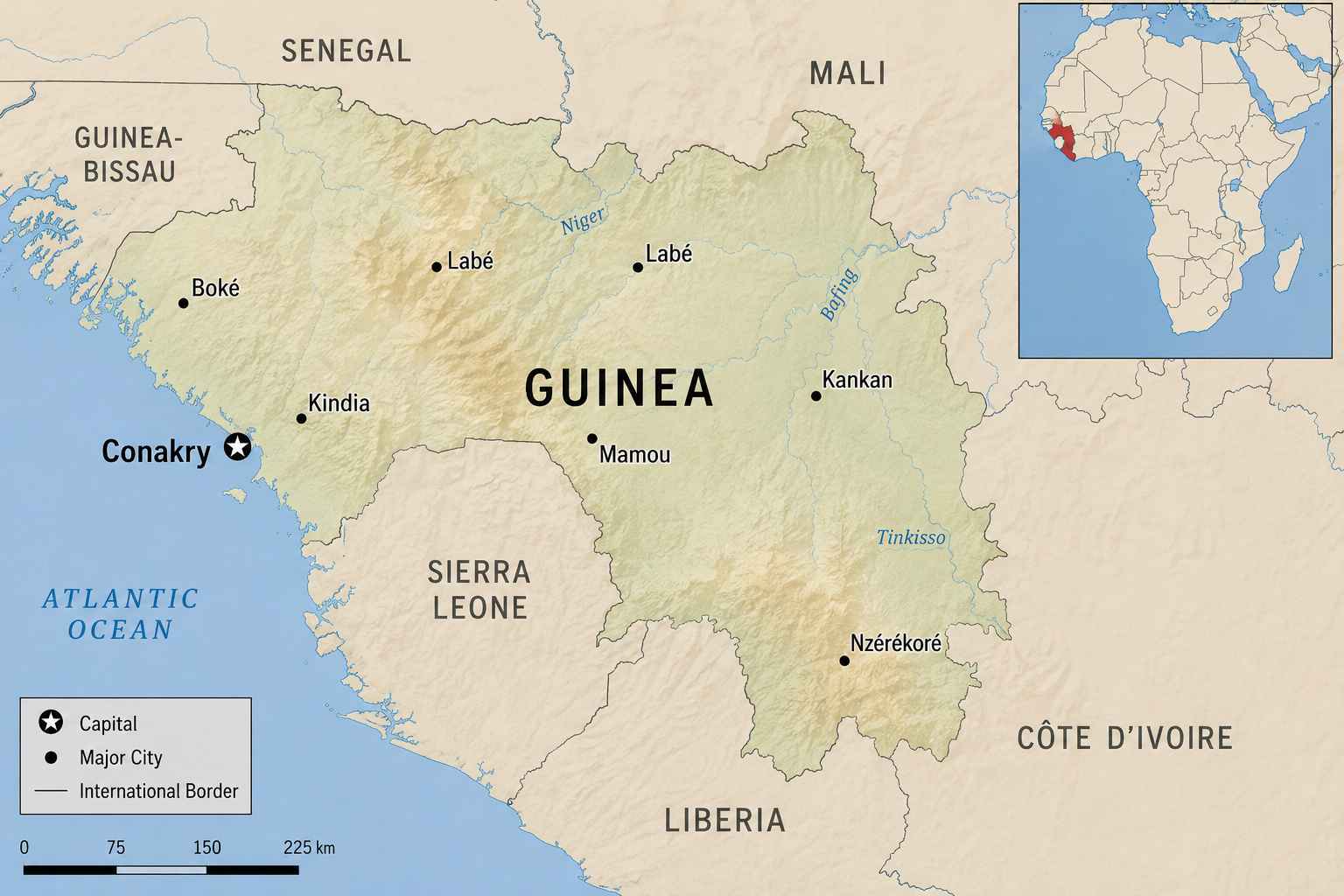 Map showing Guinea on the Atlantic coast of West Africa, with Conakry and neighboring countries including Guinea-Bissau, Senegal, Mali, Côte d’Ivoire, Liberia, and Sierra Leone.