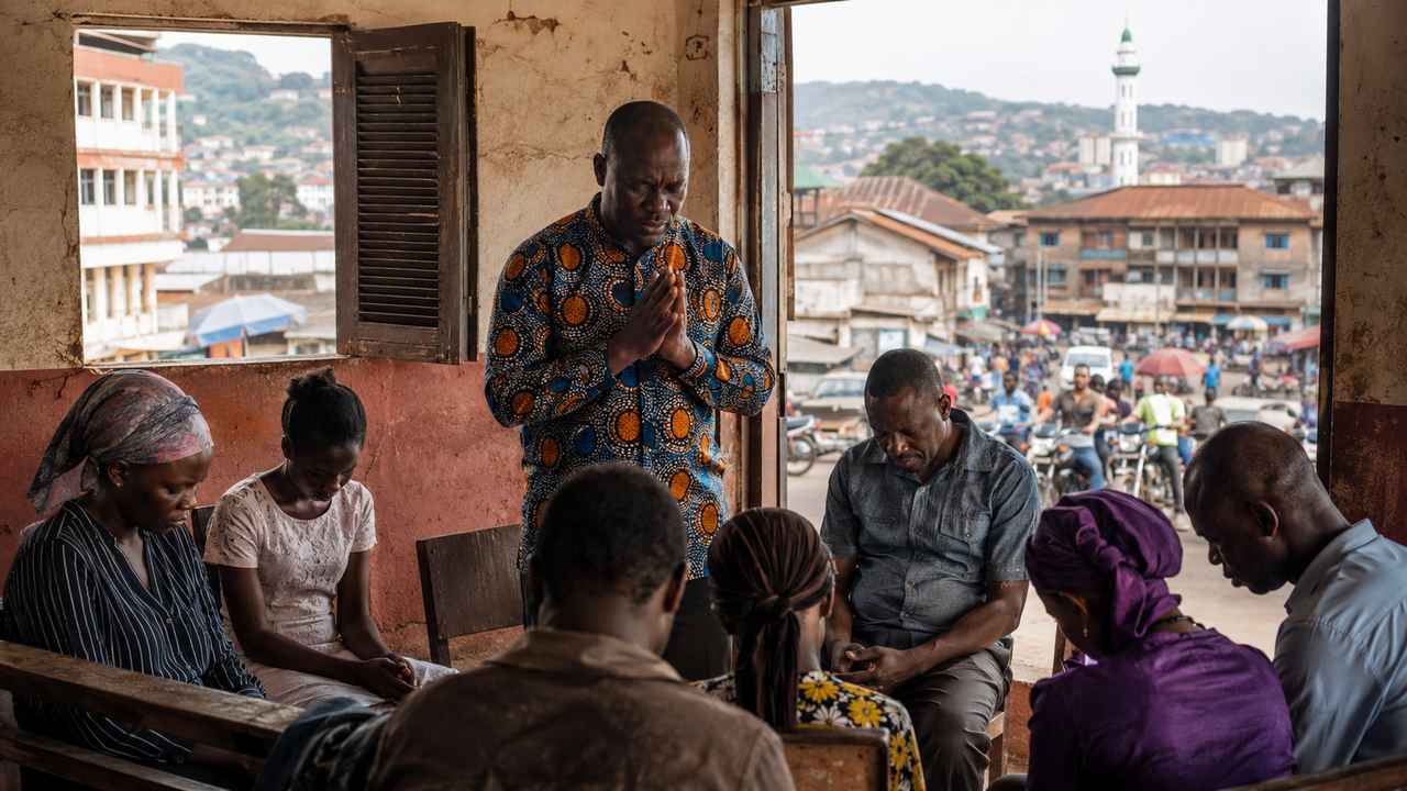 A small group of Guinean Christians pray together in a modest room overlooking a busy city street in Guinea.