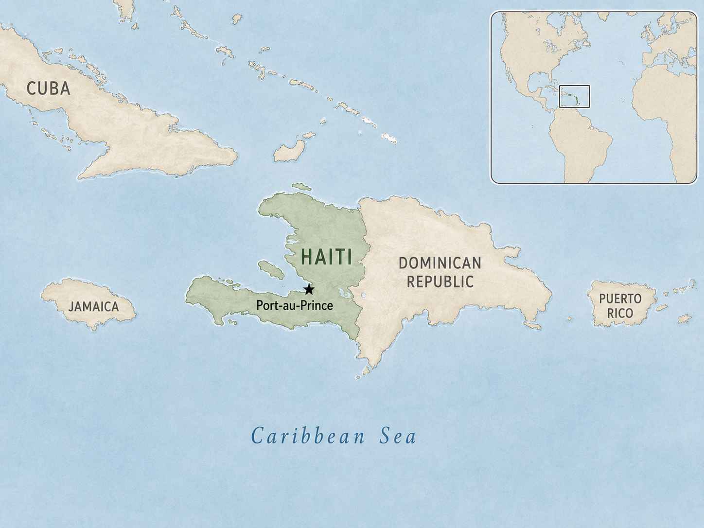 Map of Haiti showing its location on the western side of Hispaniola, with the Dominican Republic to the east and Port-au-Prince marked for geographic orientation.