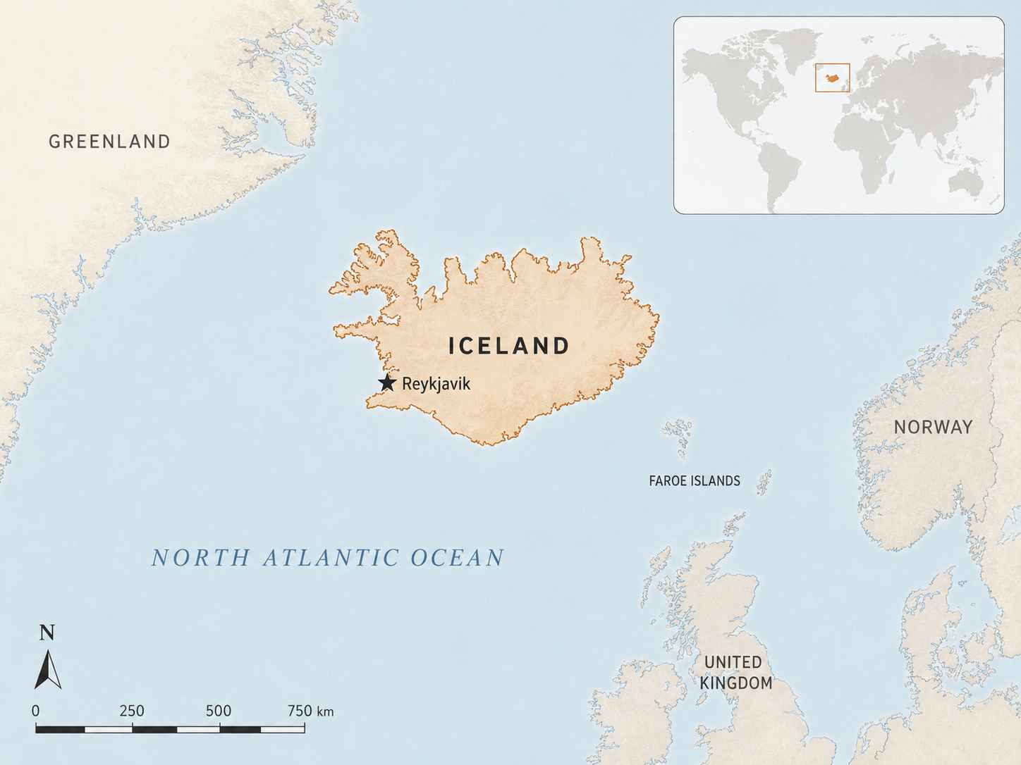 Map of Iceland highlighted in the North Atlantic, with Reykjavík marked, nearby Greenland, the Faroe Islands, Norway, and the United Kingdom shown, plus a small world locator inset.