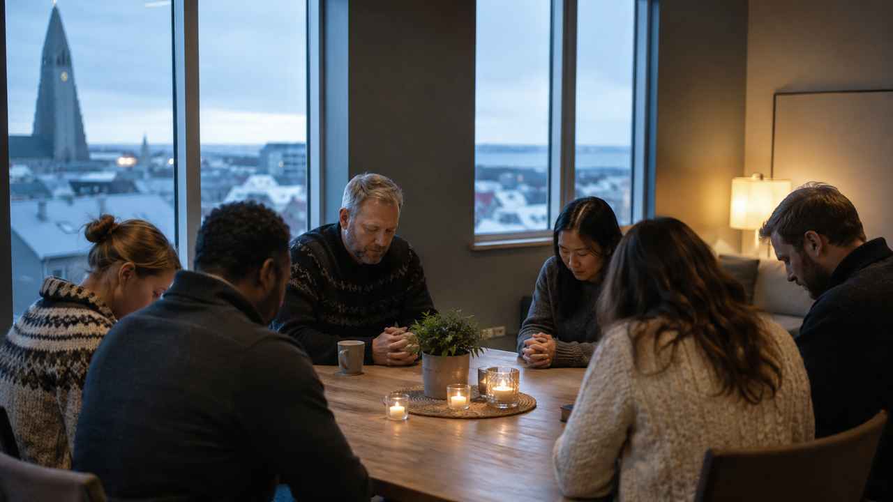 Small group of believers praying together in a warm Reykjavík room at dusk, with Icelandic city rooftops and a church spire visible through the windows.