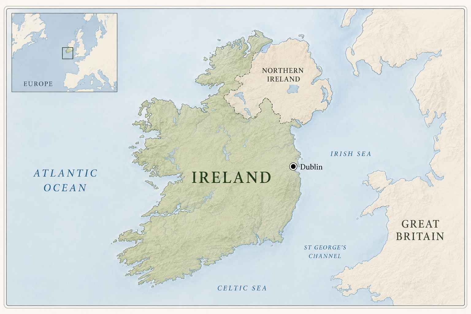 Map of Ireland with a Europe locator inset, showing Ireland, Northern Ireland, Dublin, Great Britain, the Atlantic Ocean, the Irish Sea, St George’s Channel, and the Celtic Sea.
