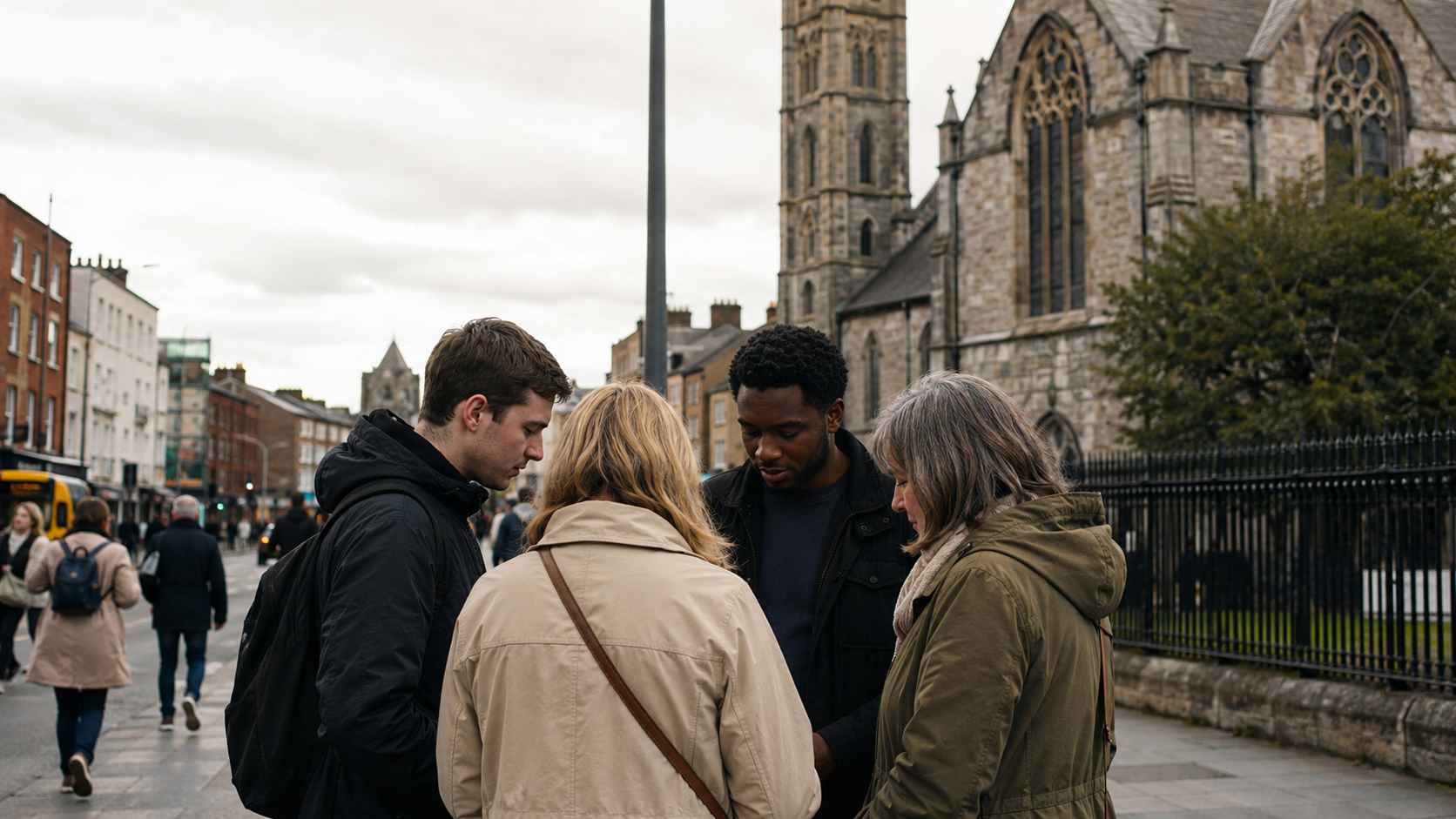 A small diverse group of adults stands together on an Irish city street near a large stone church, with pedestrians, row buildings, and an overcast sky in the background.