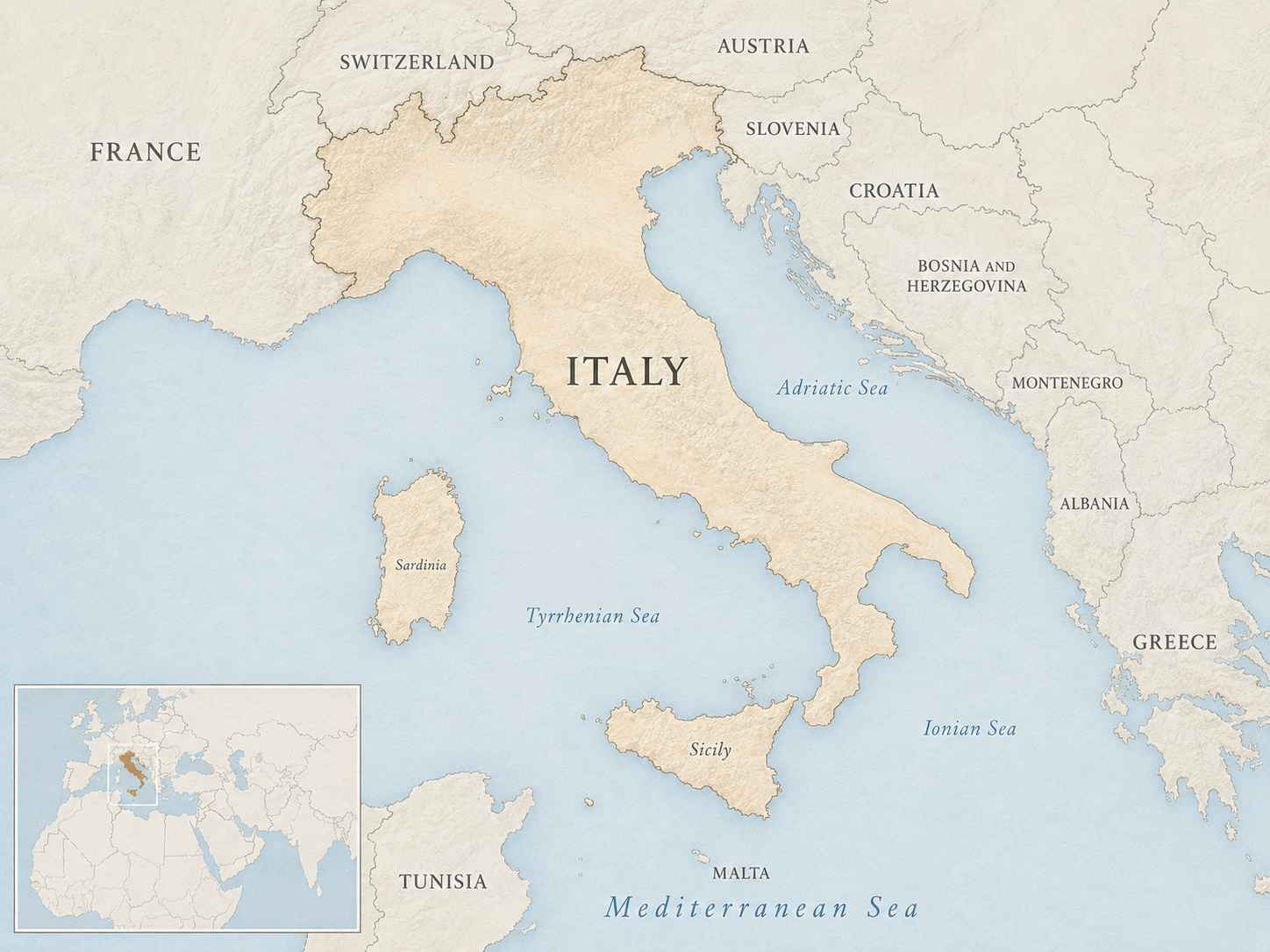Map showing Italy in Southern Europe, with neighboring countries, the Mediterranean Sea, and a small wider-world locator inset.