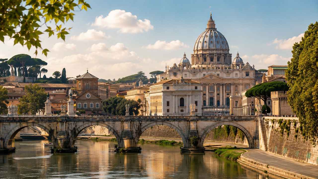 Rome cityscape with St. Peter’s Basilica, a stone bridge over the Tiber River, and warm evening light over historic buildings and trees.