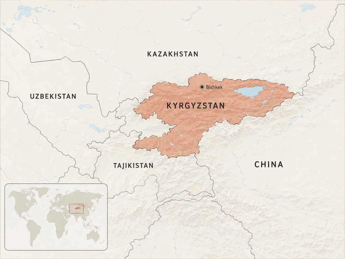 Regional map showing Kyrgyzstan in Central Asia with neighboring Kazakhstan, Uzbekistan, Tajikistan, and China.