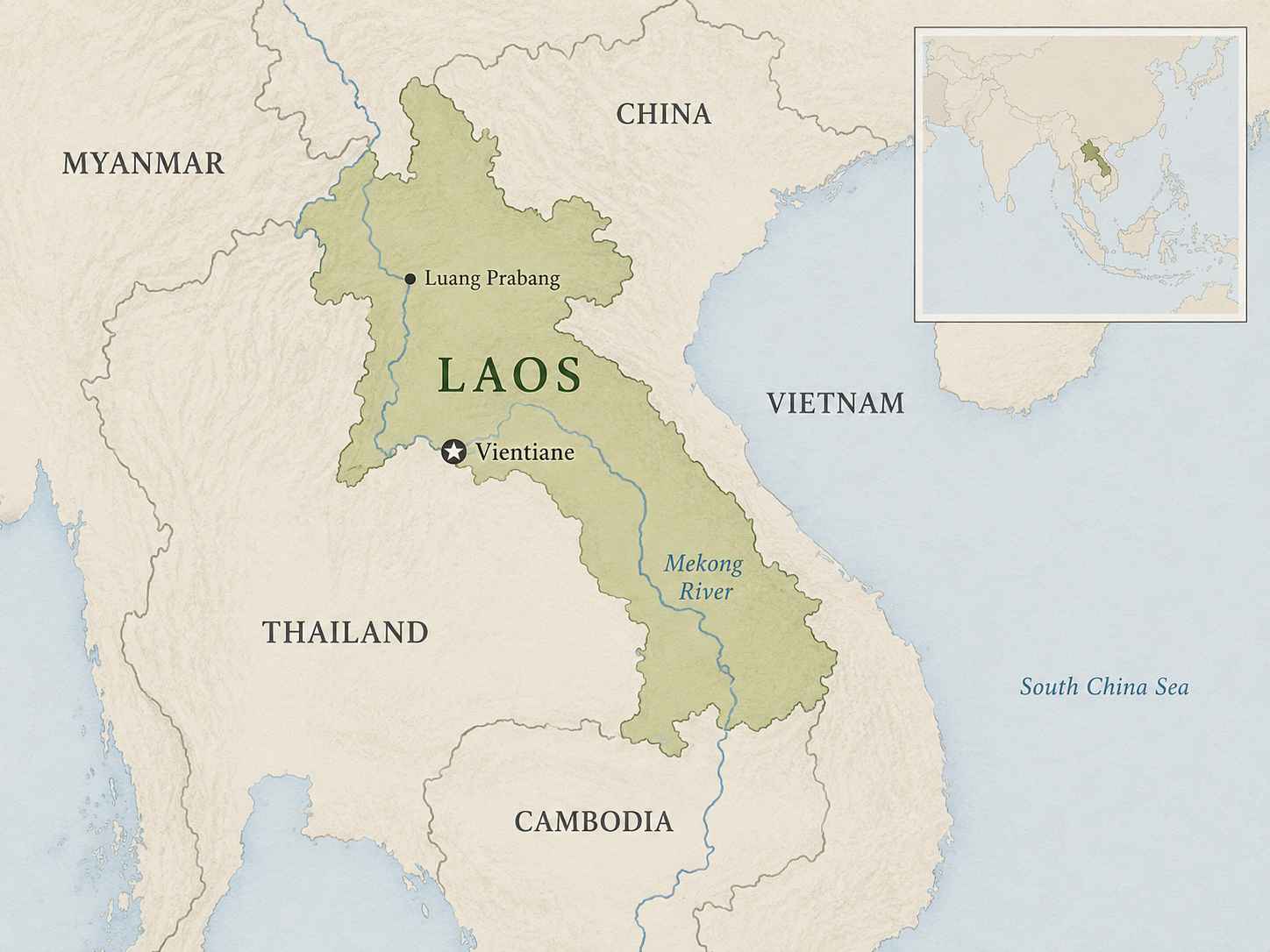 Map locating Laos in mainland Southeast Asia, with Laos highlighted among its neighboring countries China, Vietnam, Cambodia, Thailand, and Myanmar, and a small wider-world locator inset.