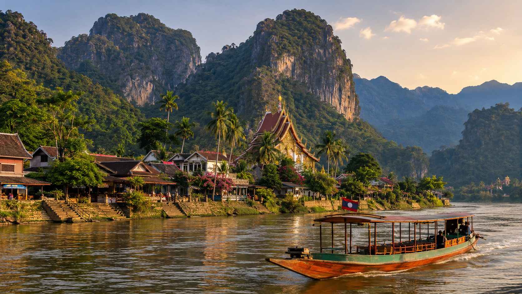 Riverside village in Laos at golden hour, with a long wooden boat on the river, traditional homes, a Buddhist temple, palm trees, and forested limestone mountains.