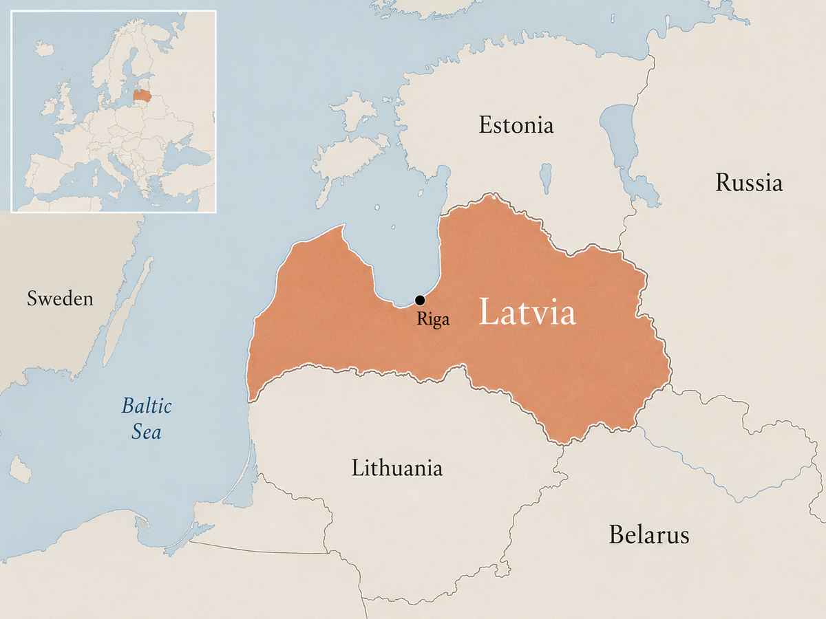 Map showing Latvia in the Baltic region with Estonia, Lithuania, Belarus, Russia, the Baltic Sea, and Riga for regional orientation.