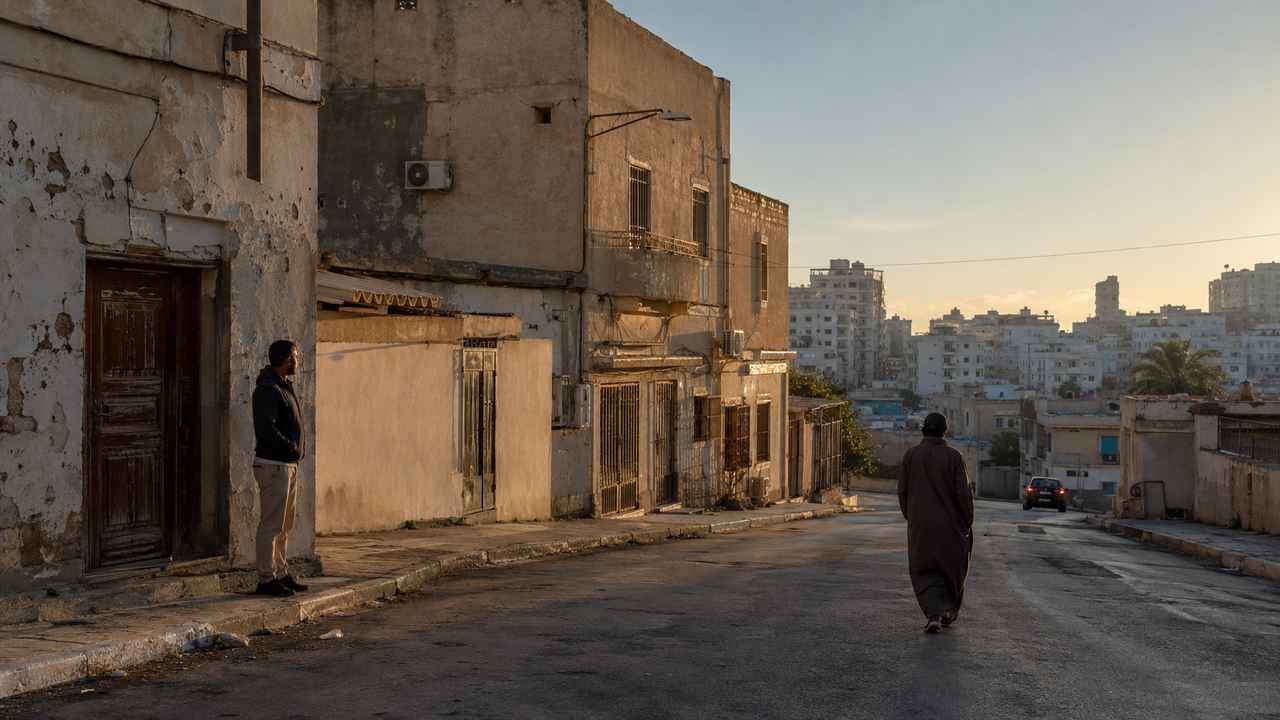 Quiet urban street scene for the Libya prayer guide, with weathered buildings, one man standing near a doorway, and another person walking away in warm evening light.