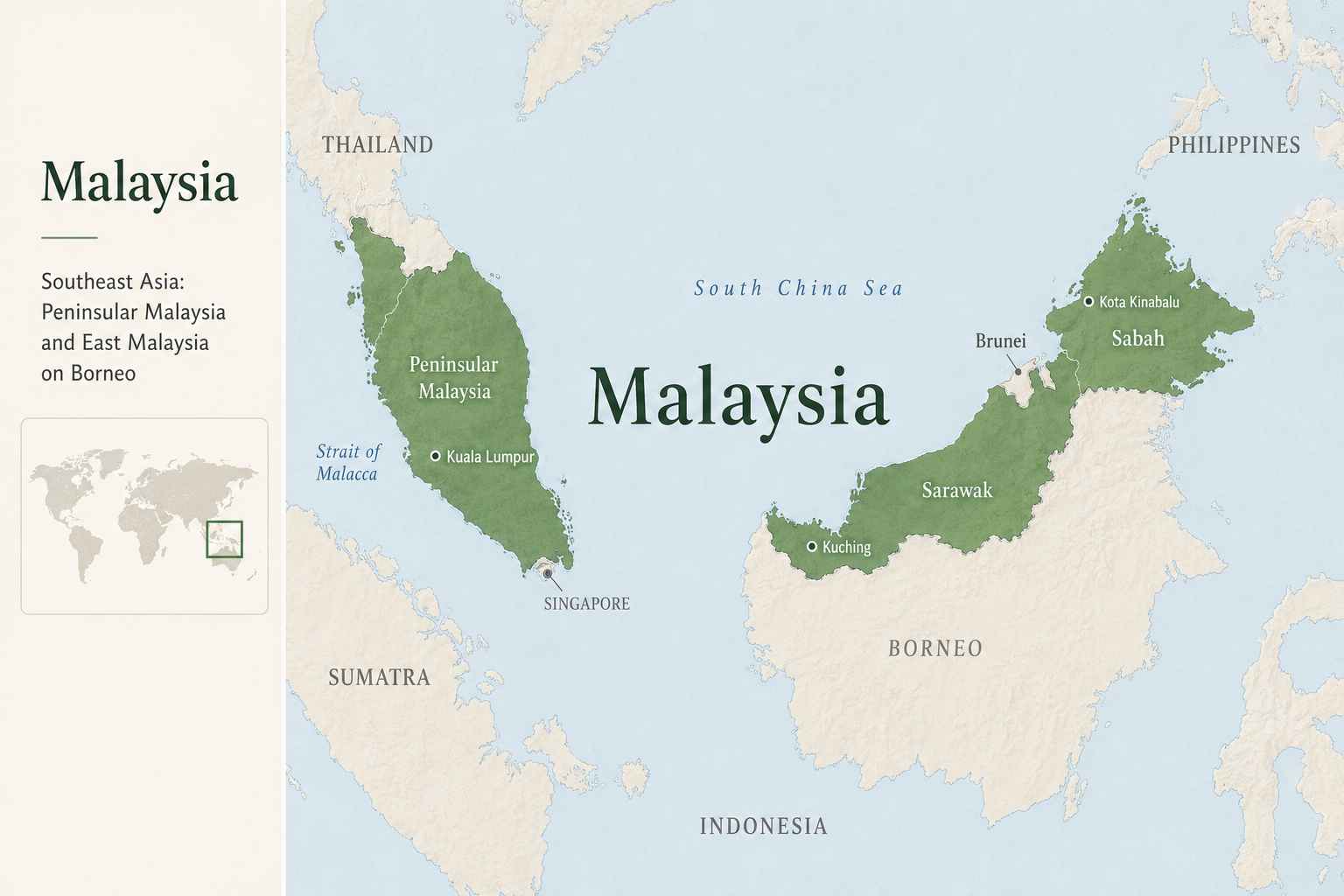 Map showing Malaysia in Southeast Asia, including Peninsular Malaysia, Sabah, Sarawak, and nearby countries.