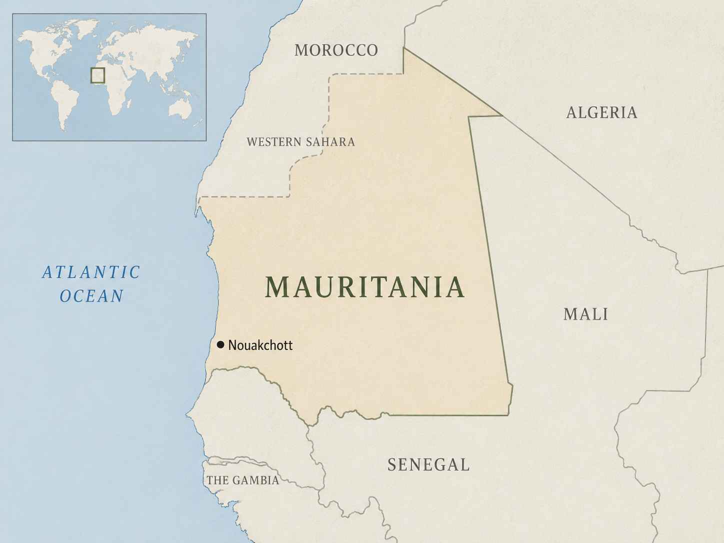 Map showing Mauritania in northwest Africa, with its regional position near Mali, Senegal, Western Sahara, Algeria, and the Atlantic Ocean.
