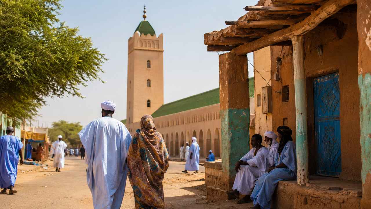 Sunlit street scene in Mauritania with people in traditional robes near earthen buildings and a mosque-like tower.