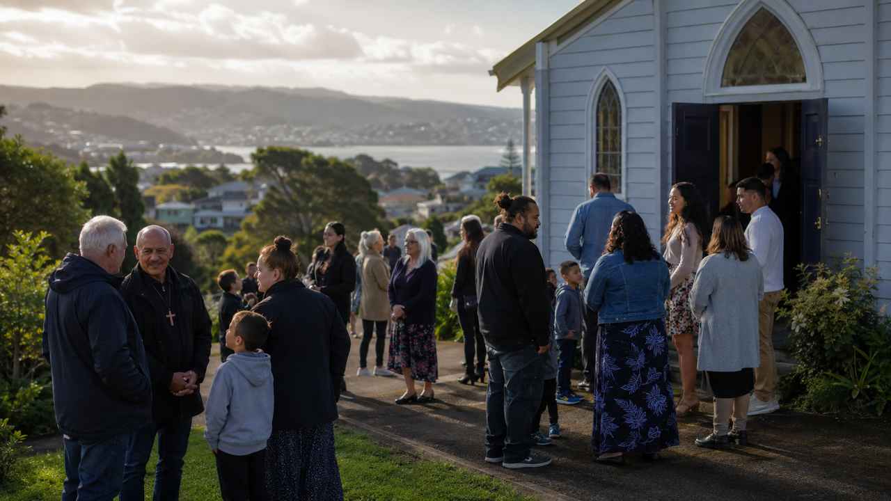 People gather outside a small church in a coastal New Zealand town, with hills and water in the background, reflecting Christian community and faithful witness.