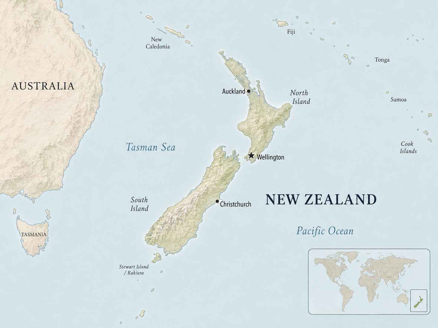 Map showing New Zealand in the South Pacific, southeast of Australia across the Tasman Sea, with regional context for readers praying for the nation.