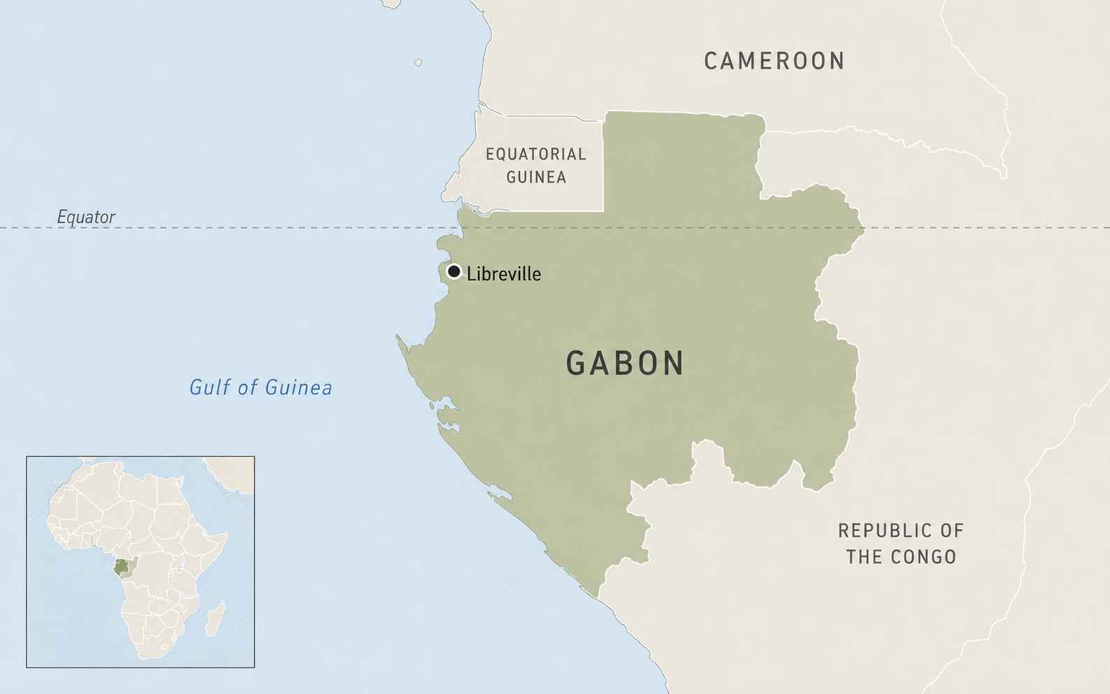 Map of Gabon highlighted on the Atlantic coast of Central Africa, showing Libreville, the Equator, the Gulf of Guinea, neighboring Equatorial Guinea, Cameroon, and the Republic of the Congo, with an inset locating Gabon within Africa.