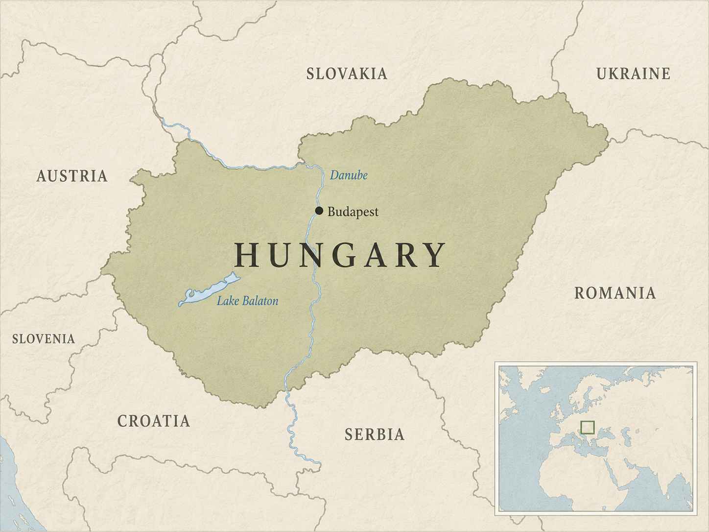 Map showing Hungary highlighted in Central Europe, with neighboring countries including Austria, Slovakia, Ukraine, Romania, Serbia, Croatia, and Slovenia, plus a small wider-world locator inset showing Hungary’s position in Europe.