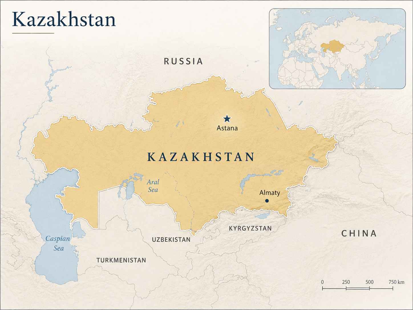 Map of Kazakhstan highlighted in Central Asia, showing Russia, China, Kyrgyzstan, Uzbekistan, Turkmenistan, the Caspian Sea, Astana, Almaty, and a small wider-world locator inset.