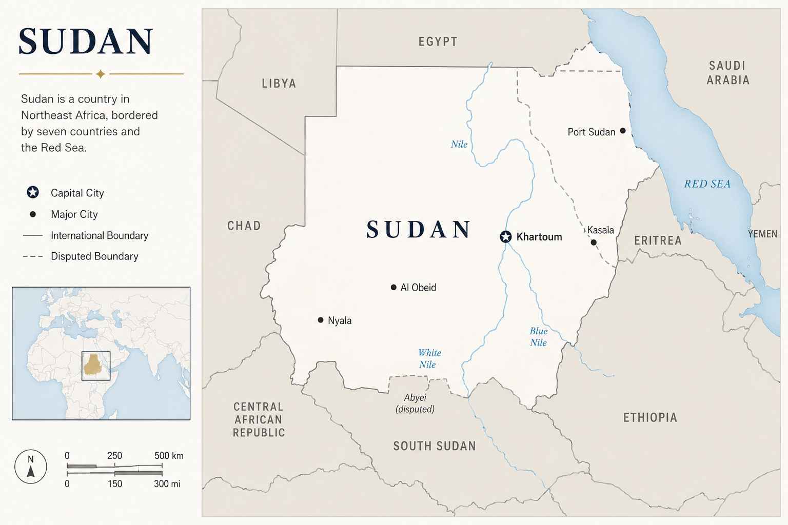 Inline regional map of Sudan highlighting the country in northeastern Africa, with Egypt, Libya, Chad, the Central African Republic, South Sudan, Ethiopia, Eritrea, and the Red Sea shown for geographic context.