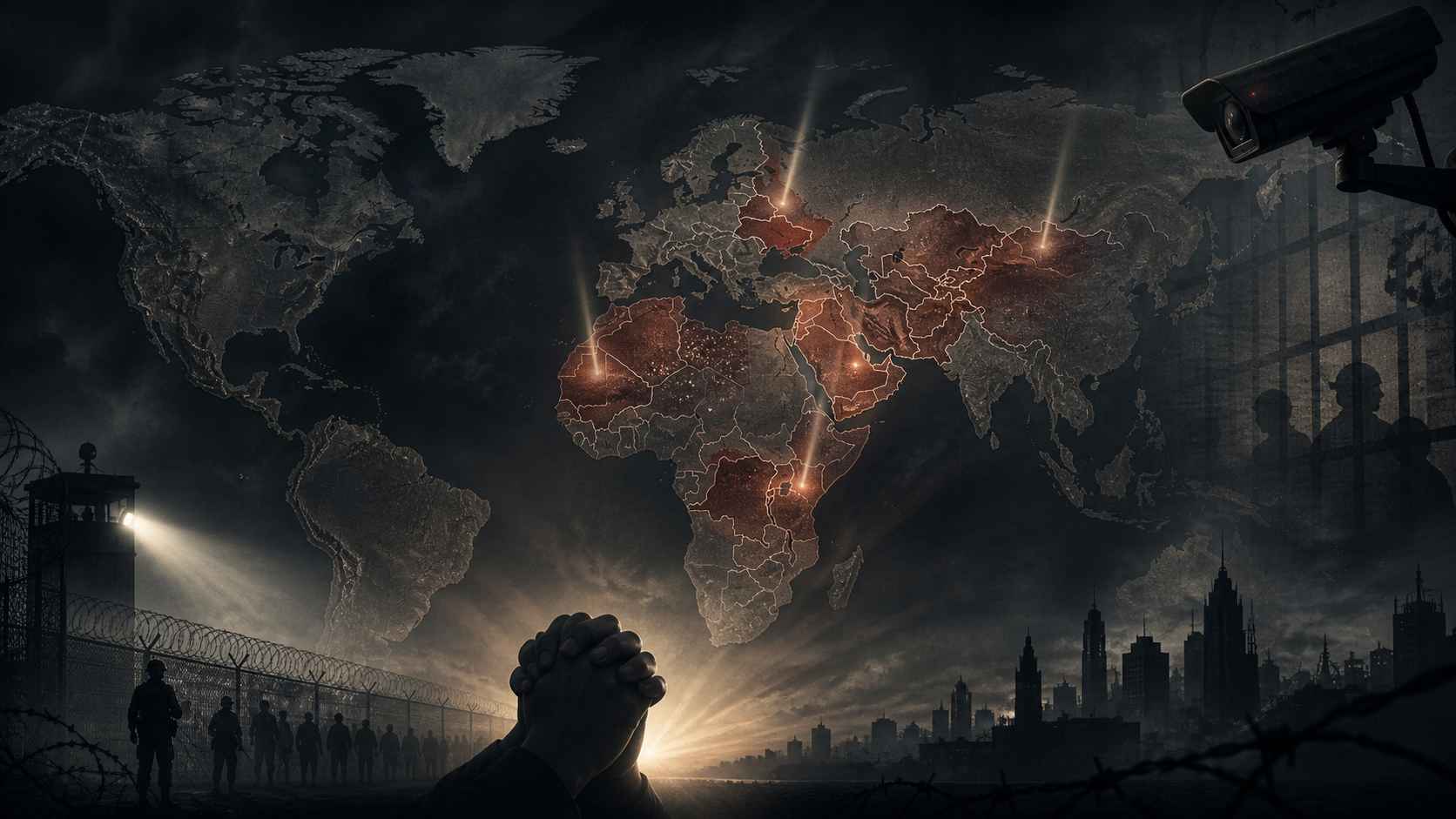 Dark editorial world map with highlighted regions across Africa, the Middle East, Asia, and Eastern Europe, alongside barbed wire, a surveillance camera, a watchtower, clasped hands, and a shadowed city skyline.