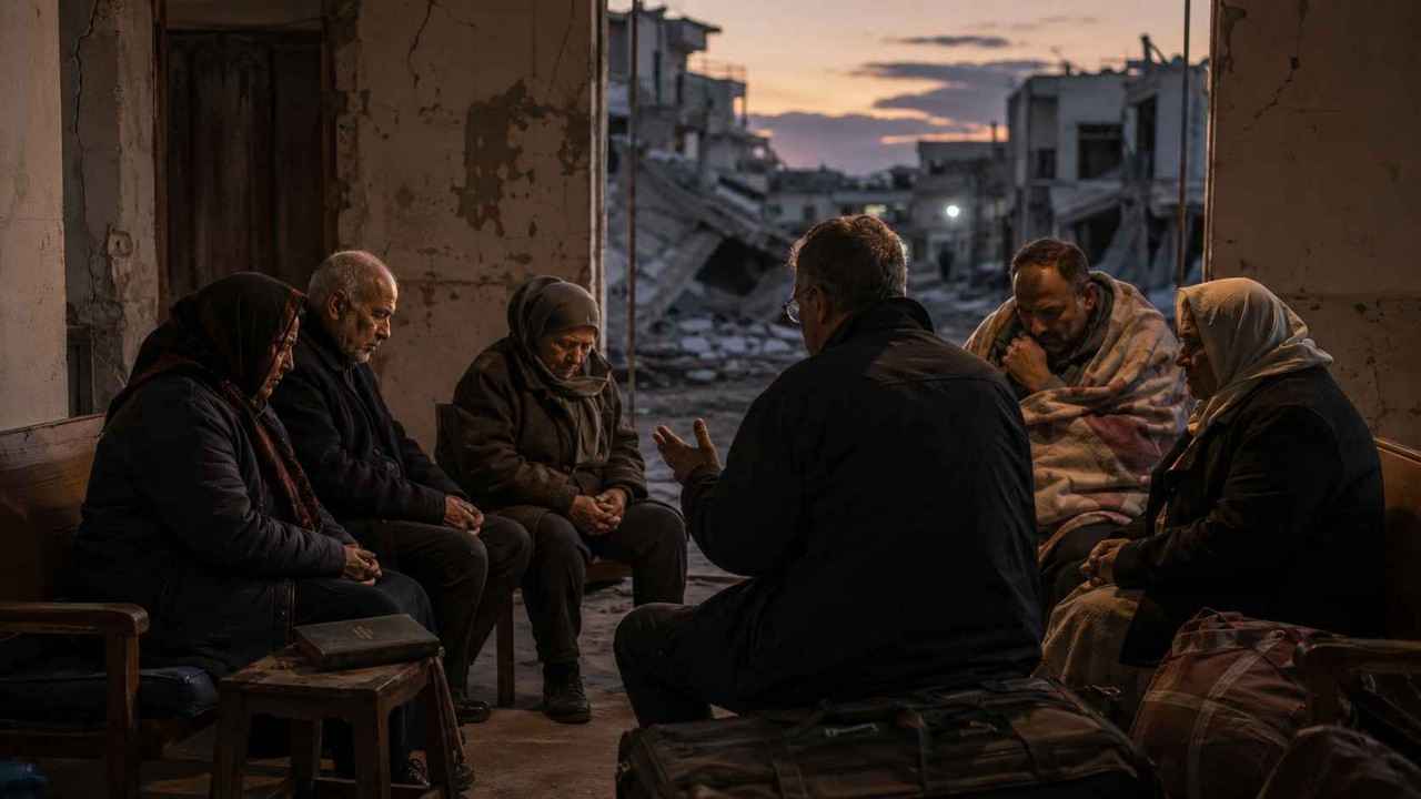 Adult civilians gather in quiet prayer inside a damaged building, reflecting the burden of countries affected by active war and armed conflict.