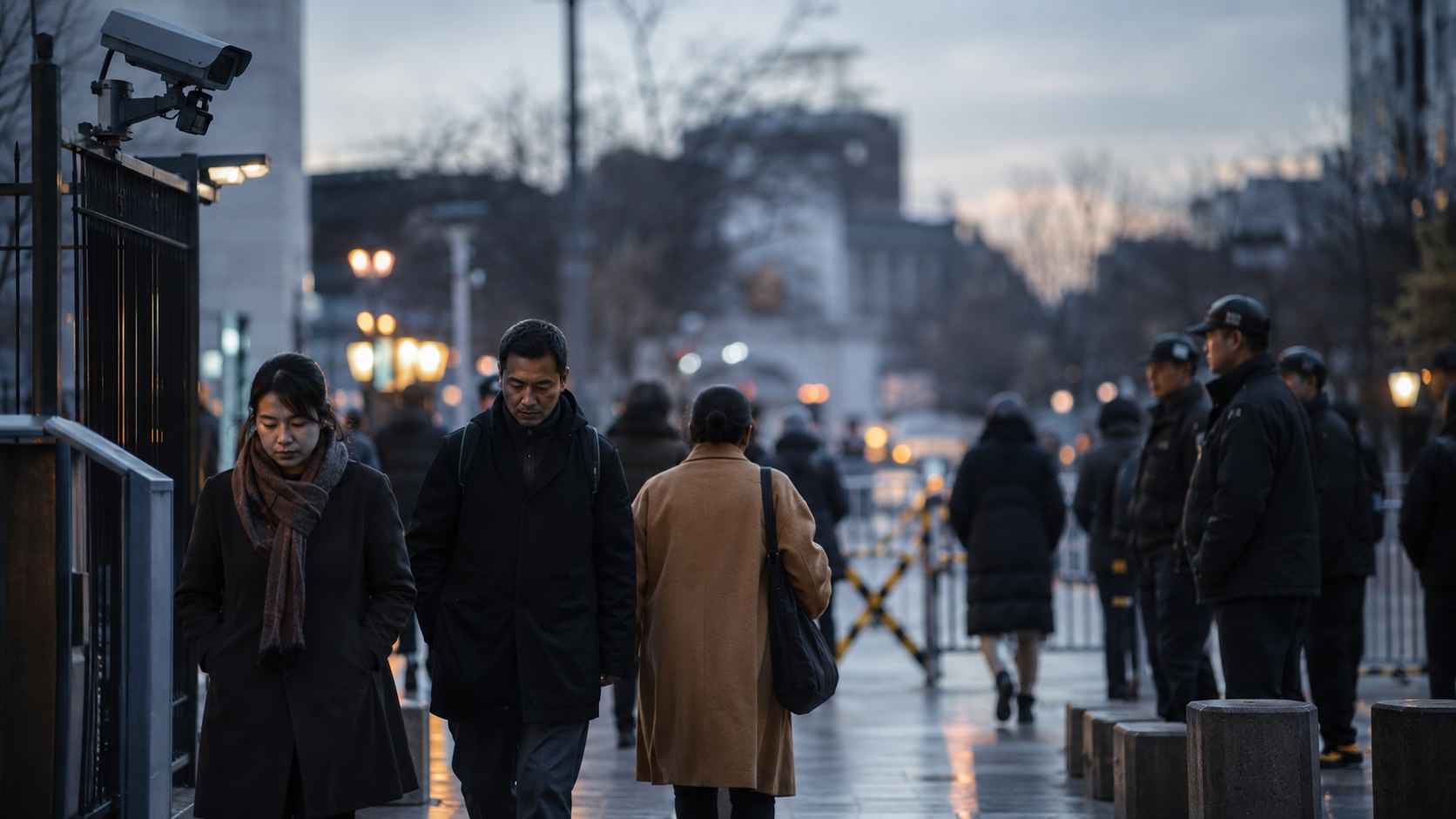 Pedestrians walk past surveillance cameras and security personnel in a tense urban setting, reflecting the burden of state pressure and crackdown.