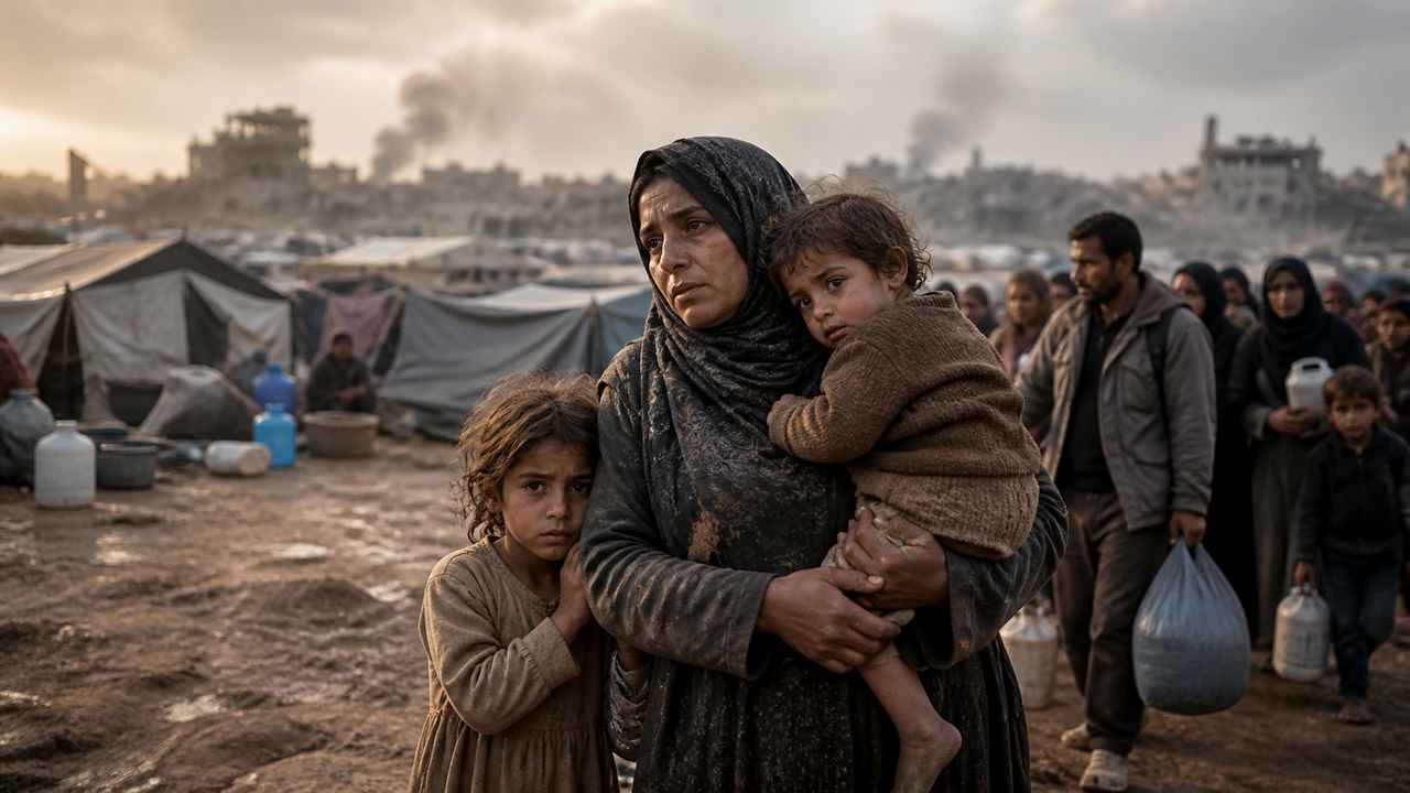 Displaced mother with children in a humanitarian crisis setting, surrounded by tents, aid containers, and damaged buildings.