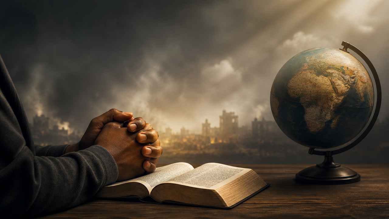 Clasped hands in prayer beside an open Bible and a globe on a wooden table, with a hazy city skyline in the background