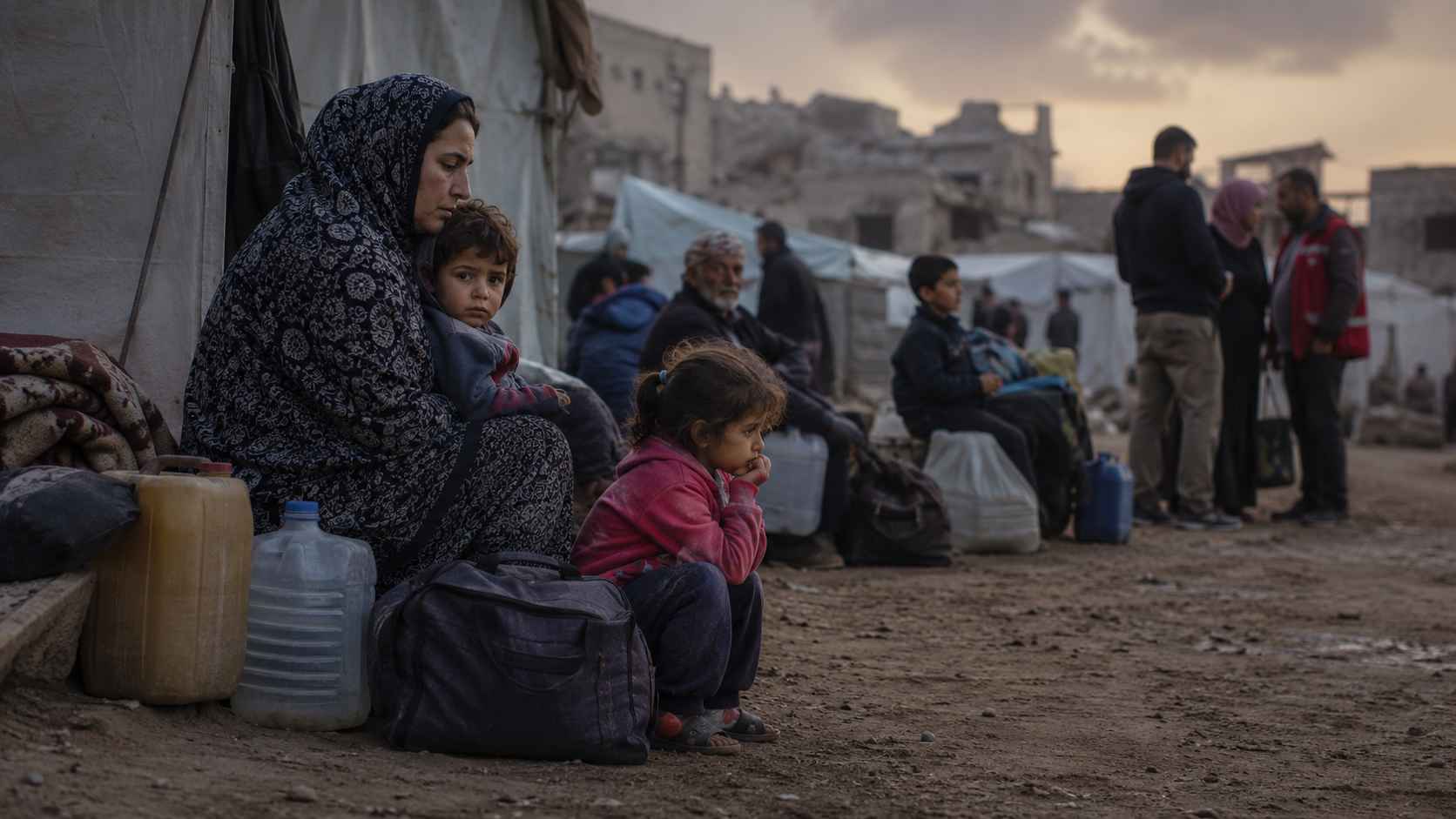 Displaced family waiting beside tents and water containers in a humanitarian crisis setting with damaged buildings in the background.