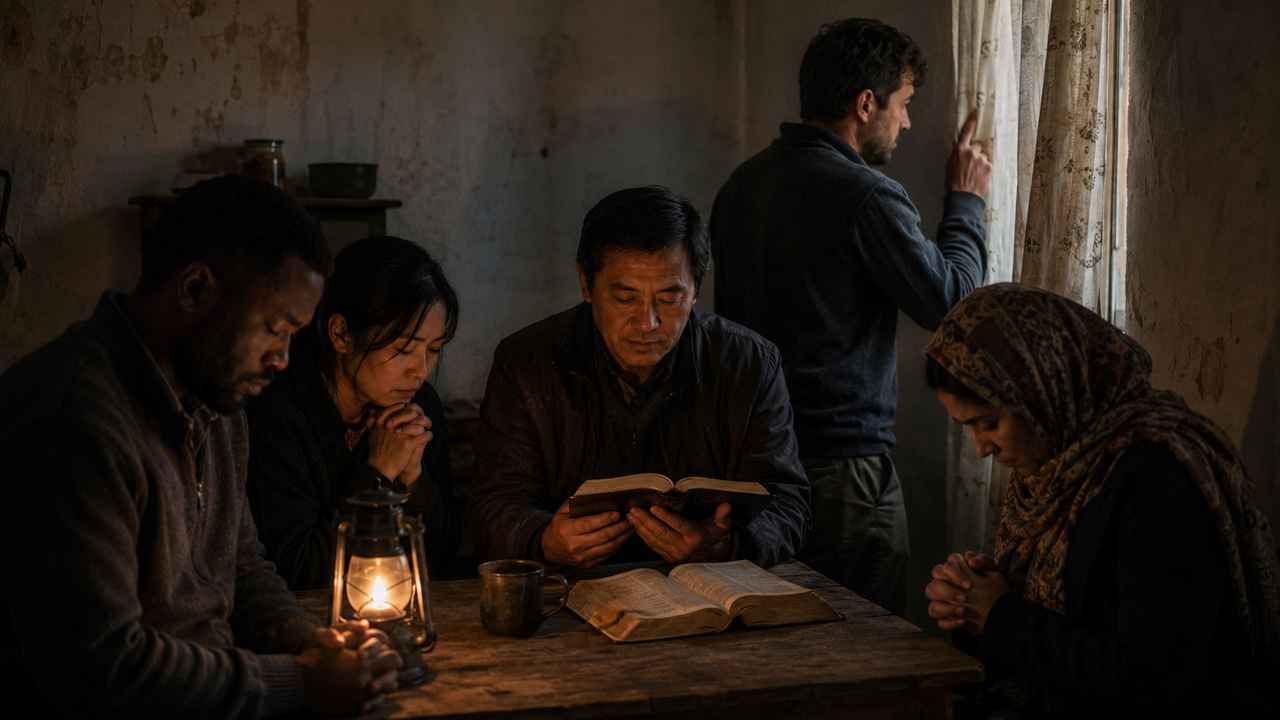A small group of believers gathers quietly around an open Bible in a dim room while one person watches near a curtained window.