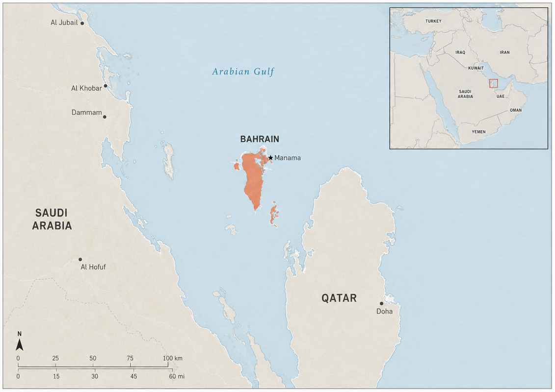 Map showing Bahrain in the Arabian Gulf near Saudi Arabia and Qatar, with Manama marked and a small regional locator inset.