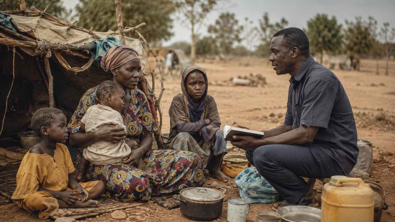 A church worker sits with a woman and children near a modest shelter in a Sahel setting, reflecting prayer for displaced families and faithful Christian witness in Burkina Faso.
