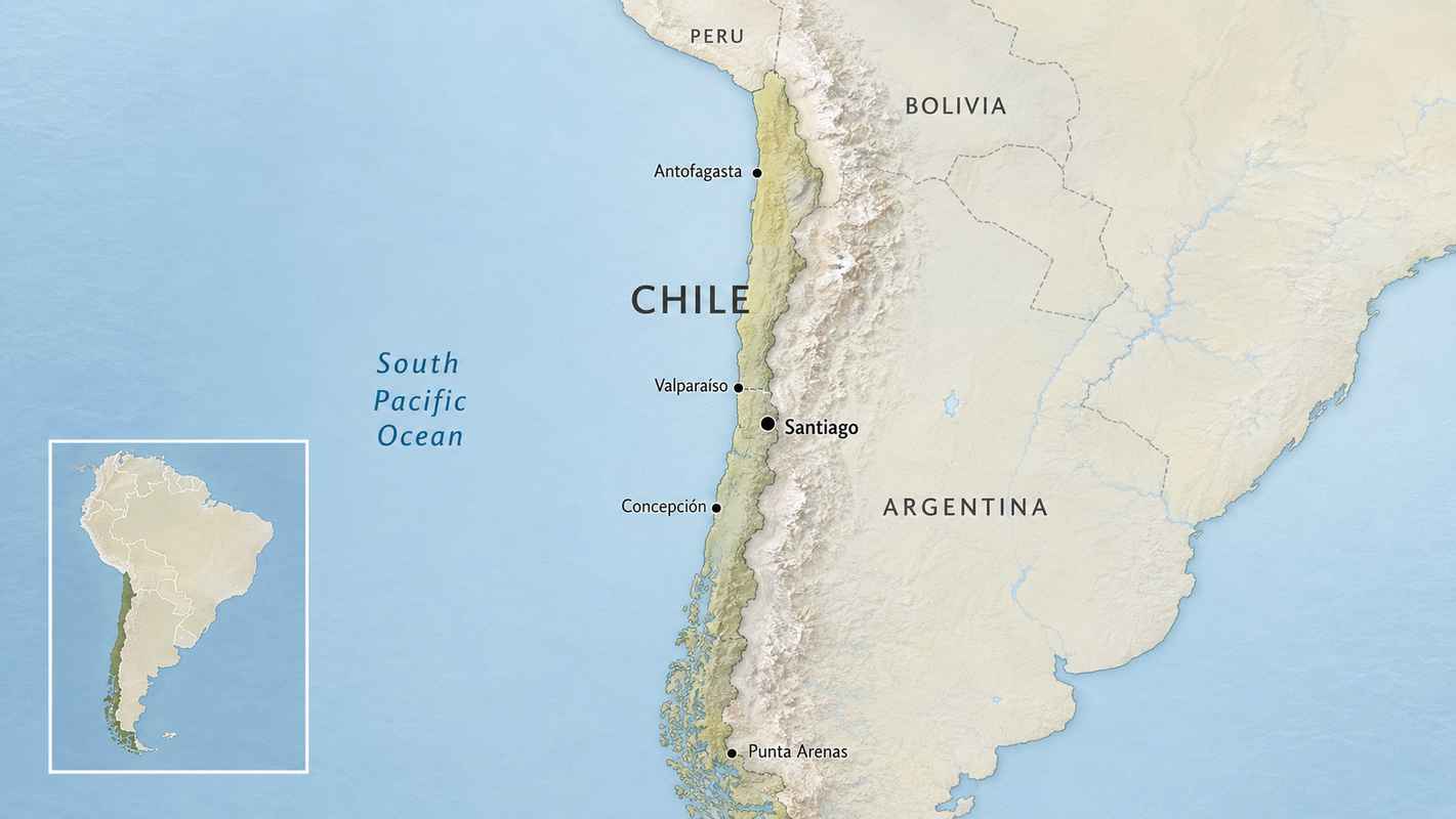 Map of Chile on South America’s Pacific coast, with Peru, Bolivia, Argentina, the South Pacific Ocean, and key Chilean cities labeled.
