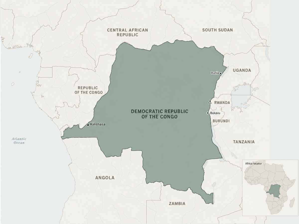 Map showing the Democratic Republic of the Congo in Central Africa, with neighboring countries, Kinshasa, key eastern cities, and a small Africa locator inset.