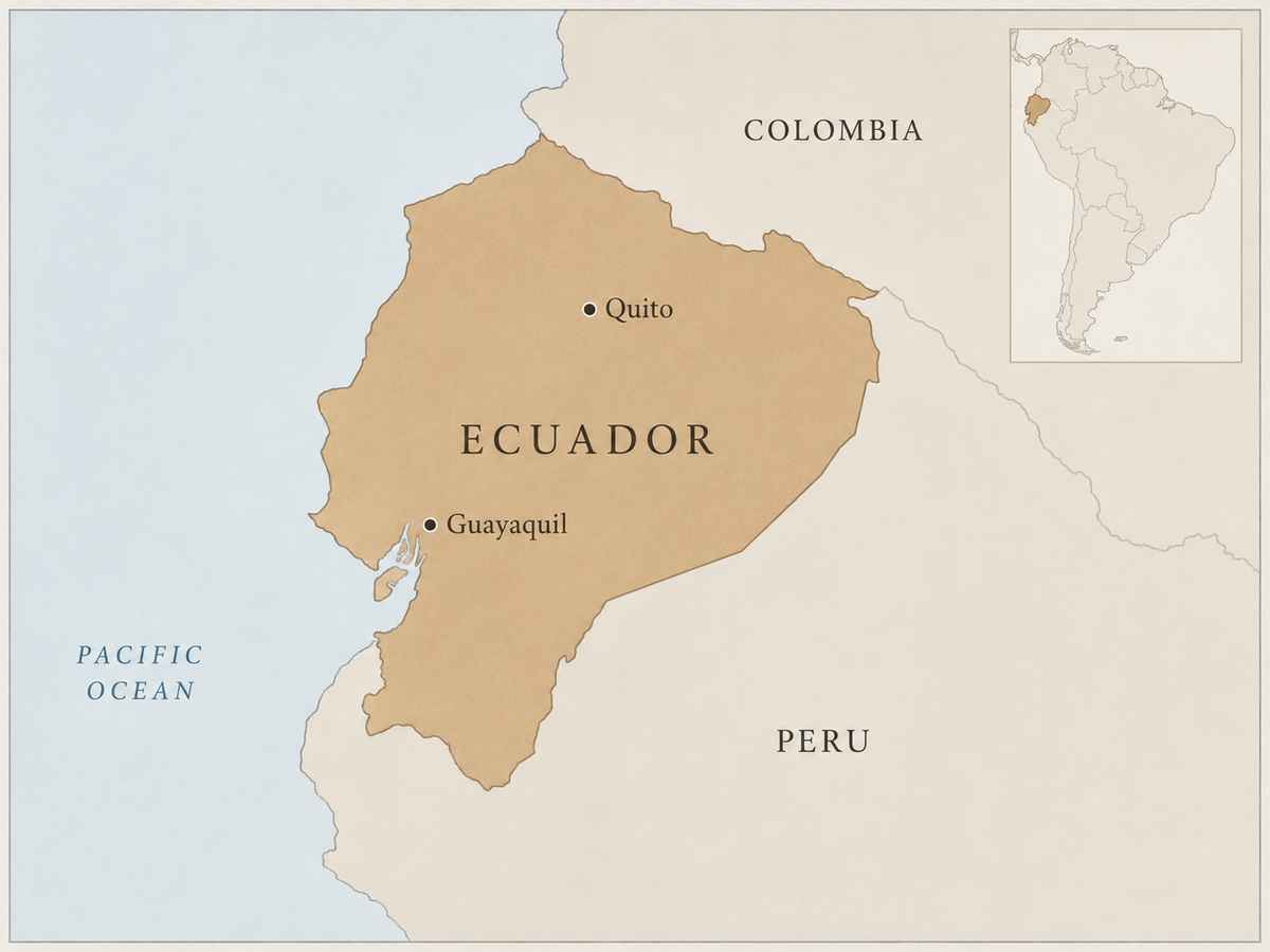 Map highlighting Ecuador with Colombia, Peru, the Pacific Ocean, Quito, Guayaquil, and a South America locator inset.
