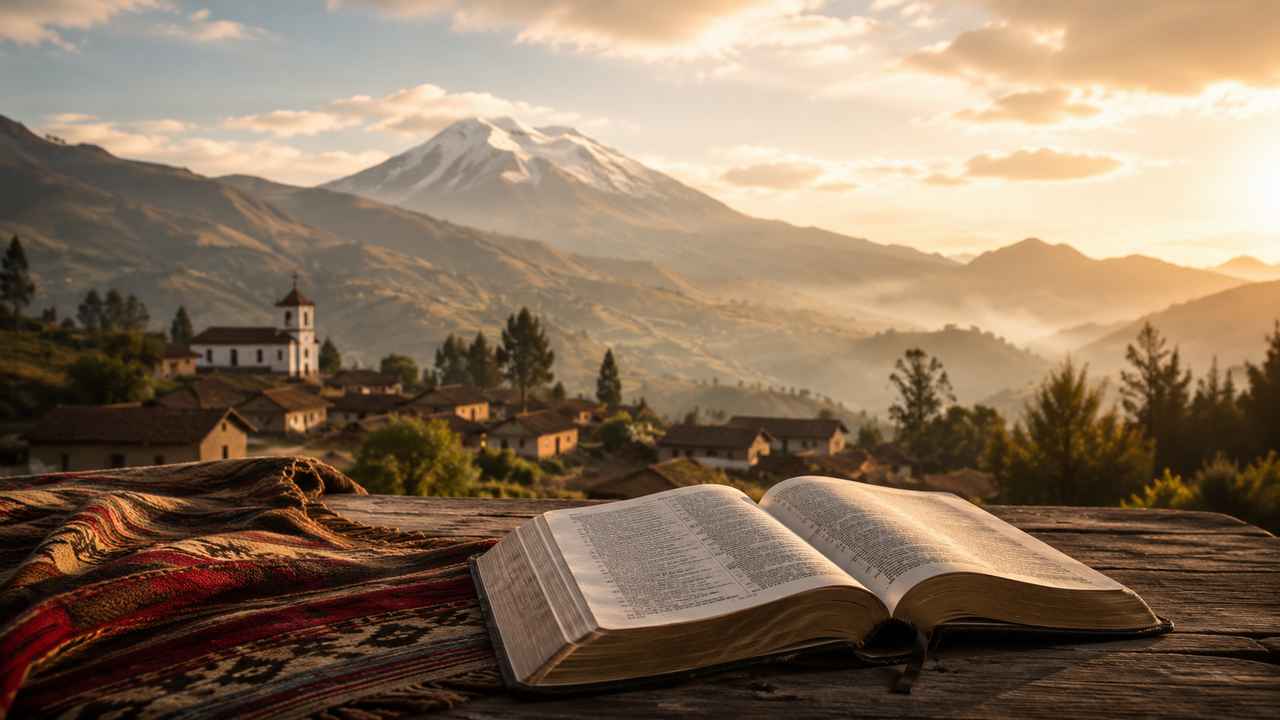 Open Bible overlooking an Andean village and mountain landscape in Ecuador at sunrise, representing prayer for Ecuador.