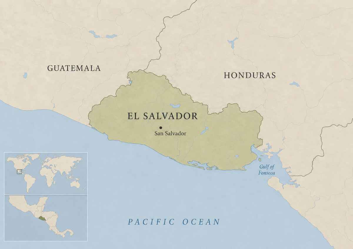 Map showing El Salvador in Central America, with Guatemala, Honduras, the Pacific Ocean, San Salvador, the Gulf of Fonseca, and a wider-world locator inset.