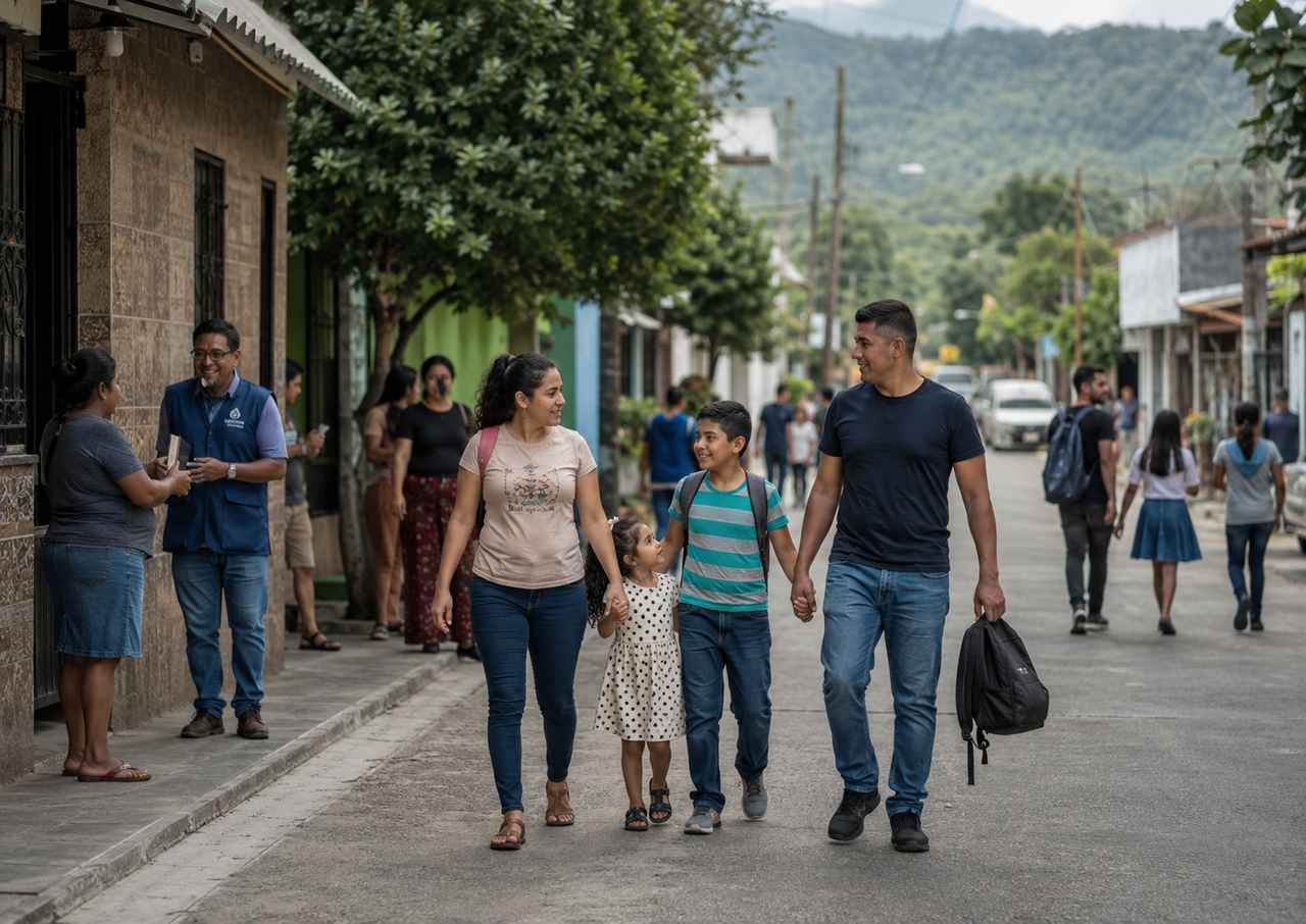 A family walks along a modest town street in El Salvador, with local residents nearby and green hills in the background